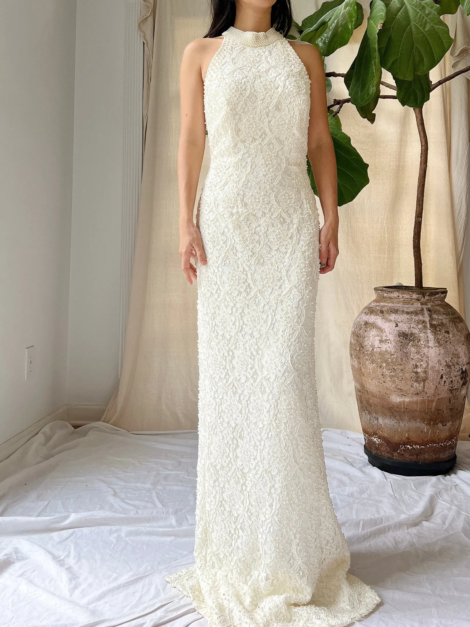 1990s High Neck Lace Gown - M/L