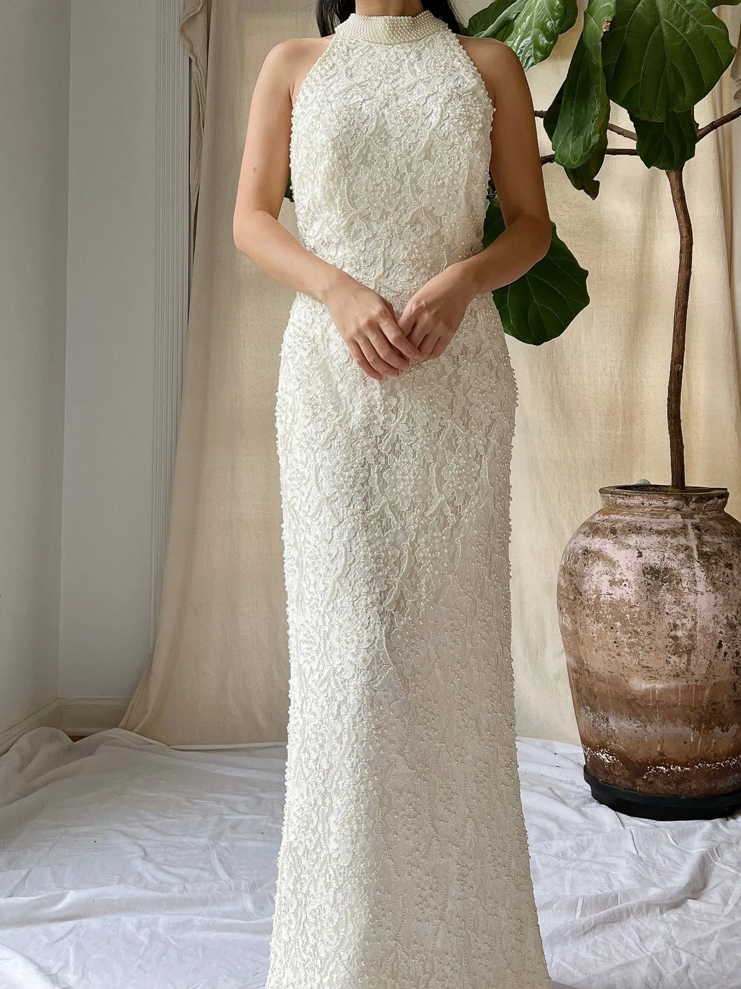 1990s High Neck Lace Gown - M/L