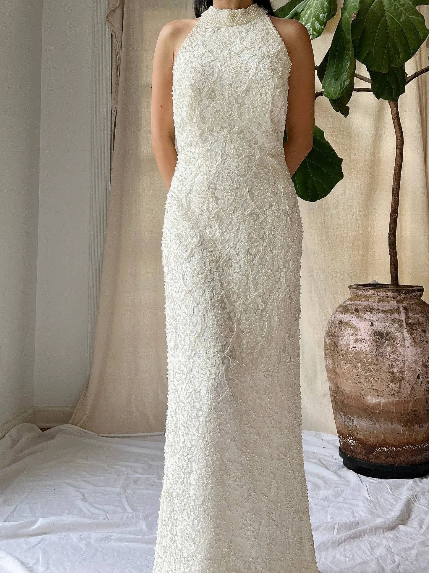 1990s High Neck Lace Gown - M/L
