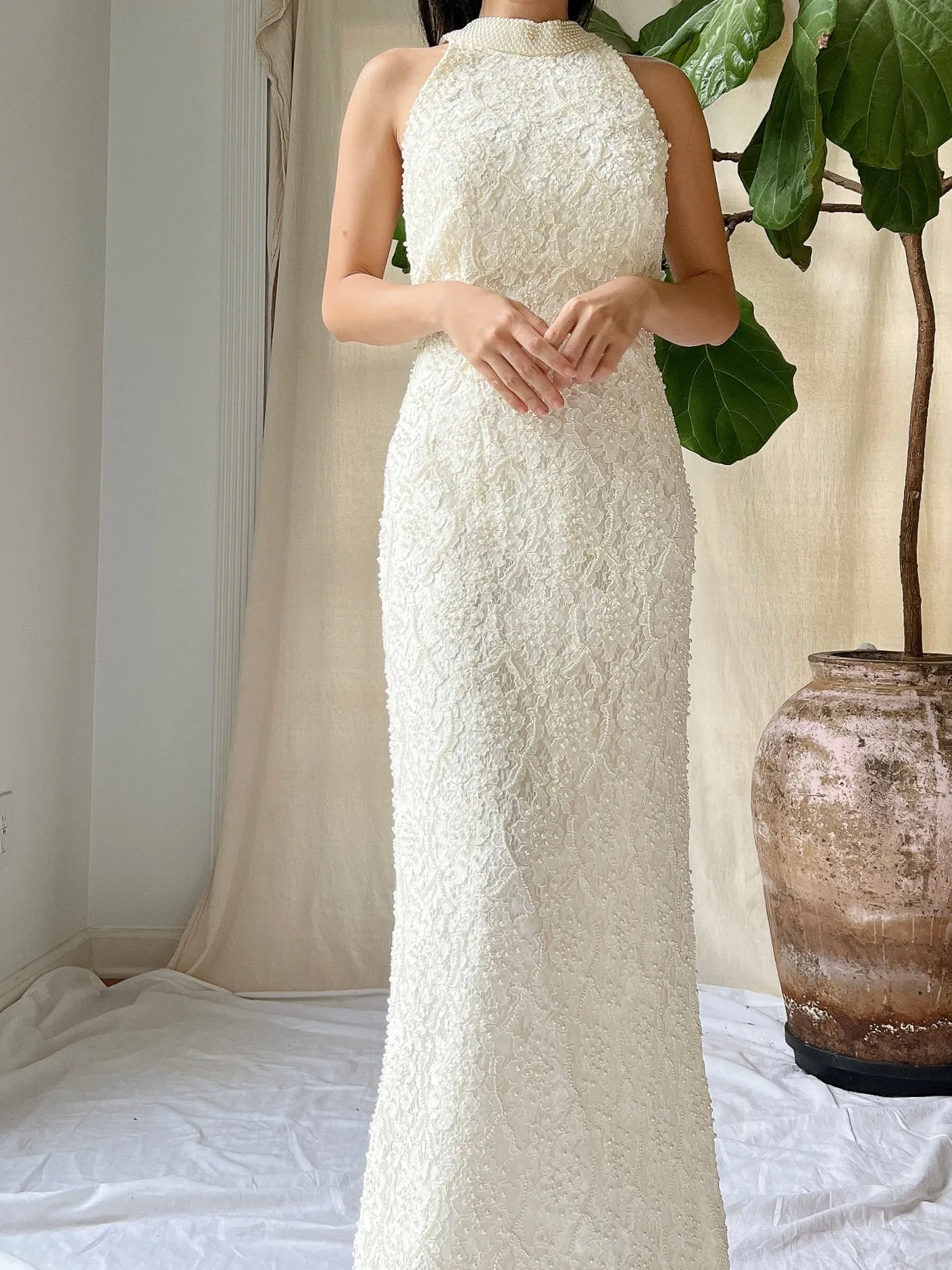 1990s High Neck Lace Gown - M/L