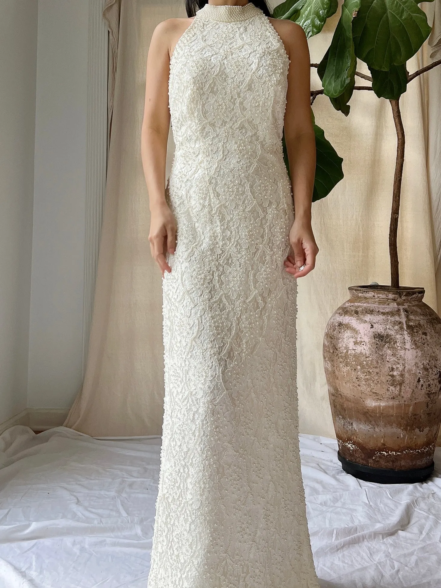 1990s High Neck Lace Gown - M/L