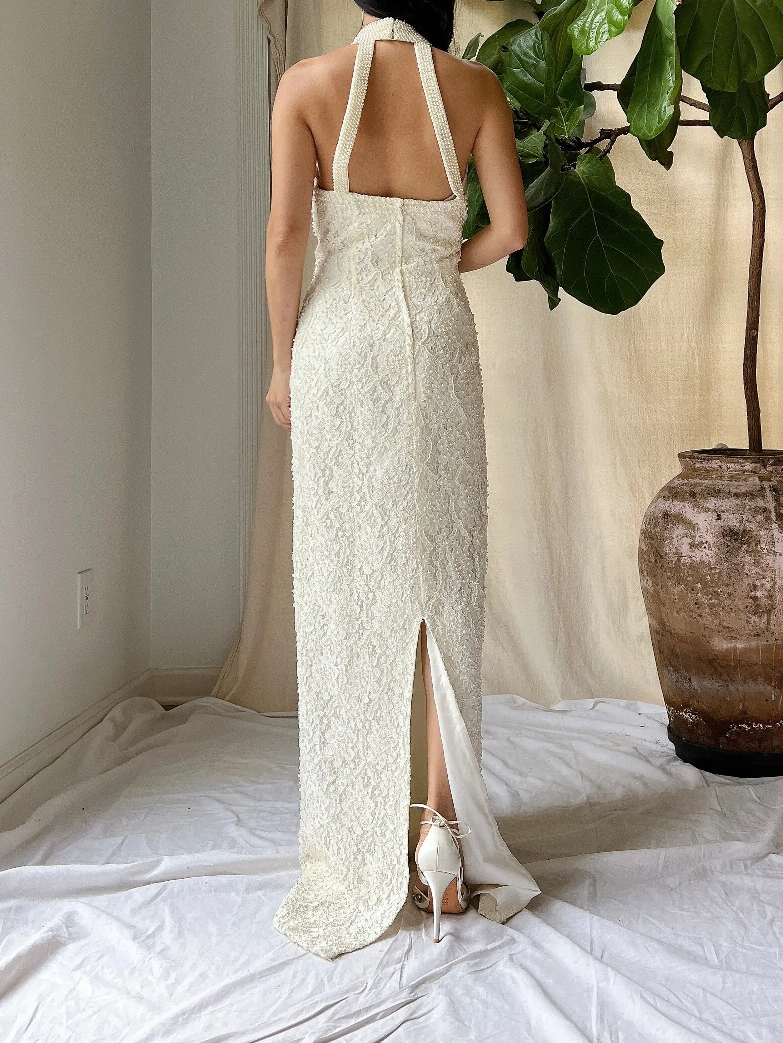 1990s High Neck Lace Gown - M/L