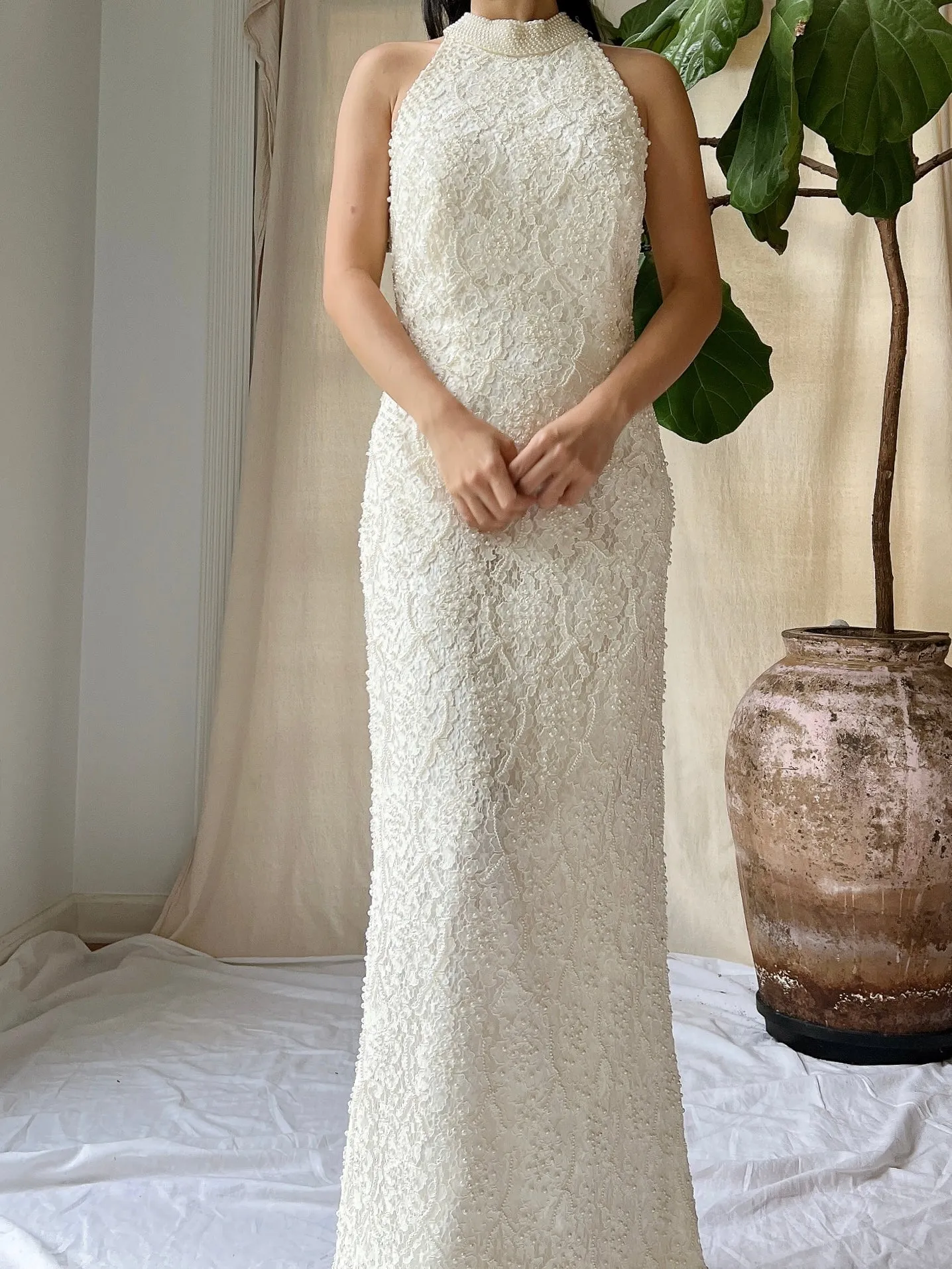 1990s High Neck Lace Gown - M/L
