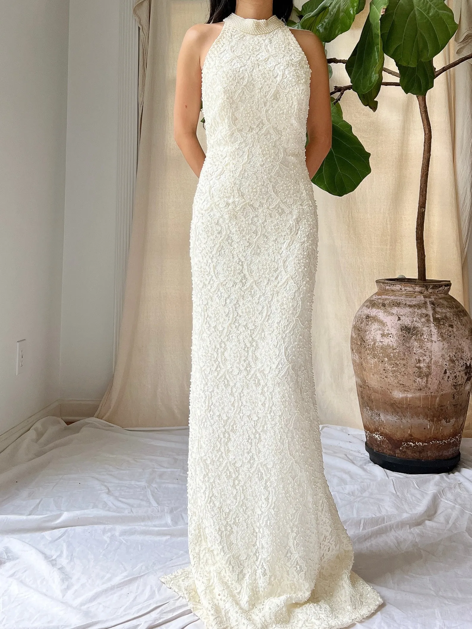 1990s High Neck Lace Gown - M/L