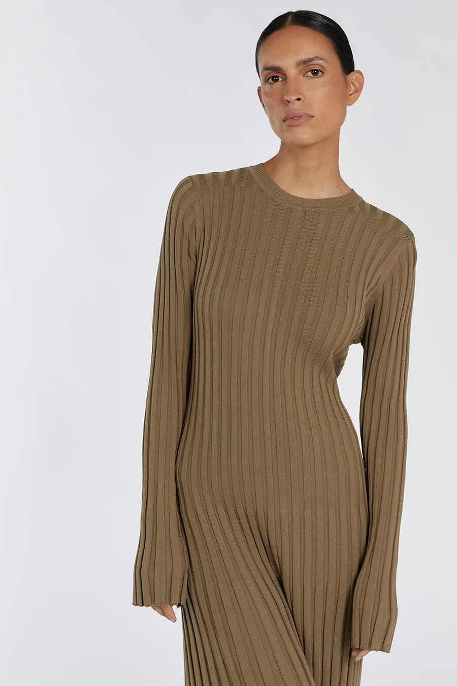 ADA KHAKI LONG SLEEVE MIDI DRESS