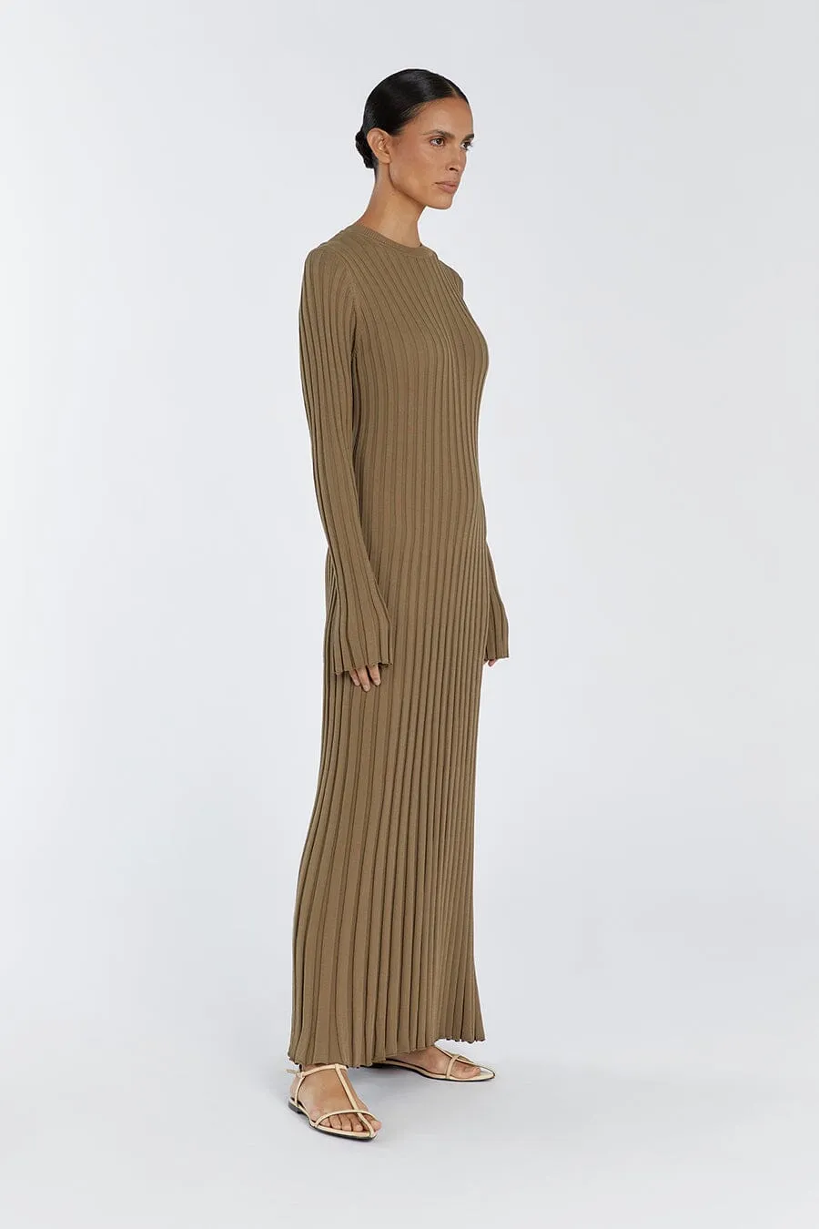 ADA KHAKI LONG SLEEVE MIDI DRESS