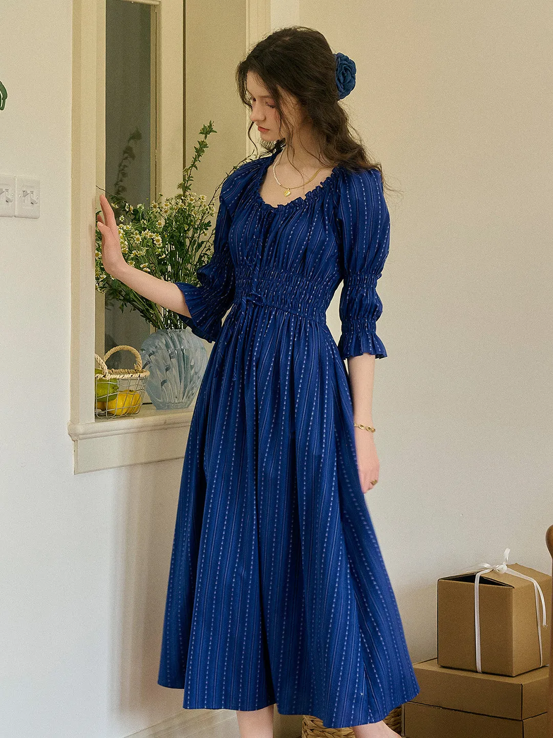 Aqua Round Neck Waist Cotton Dress