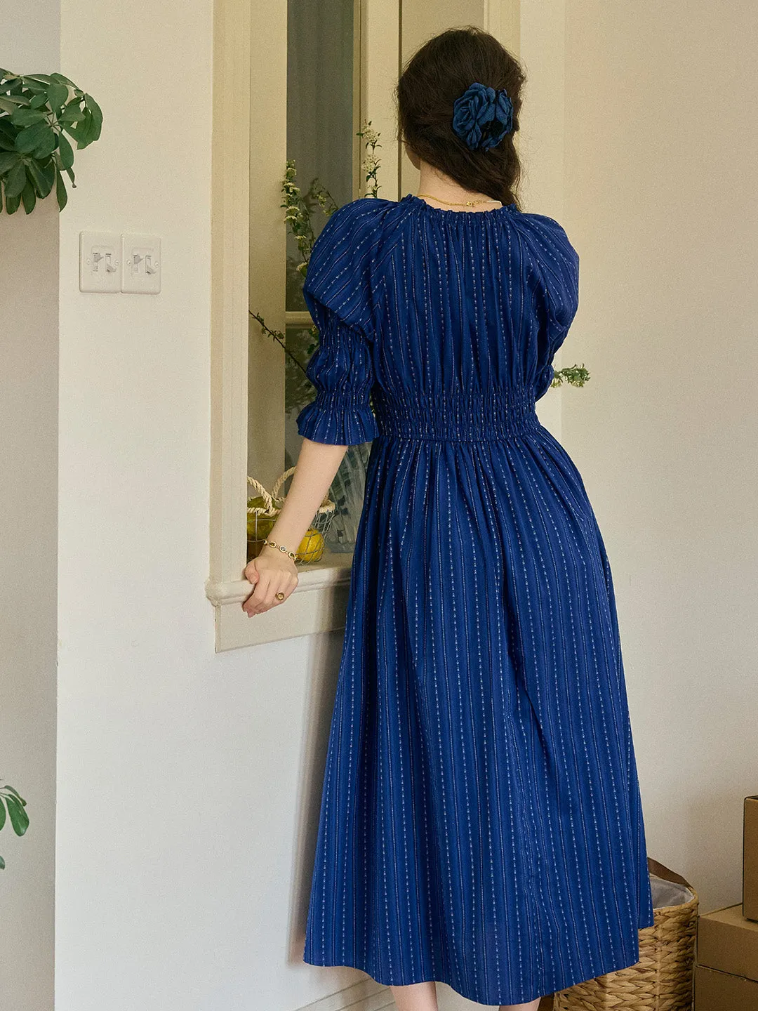 Aqua Round Neck Waist Cotton Dress