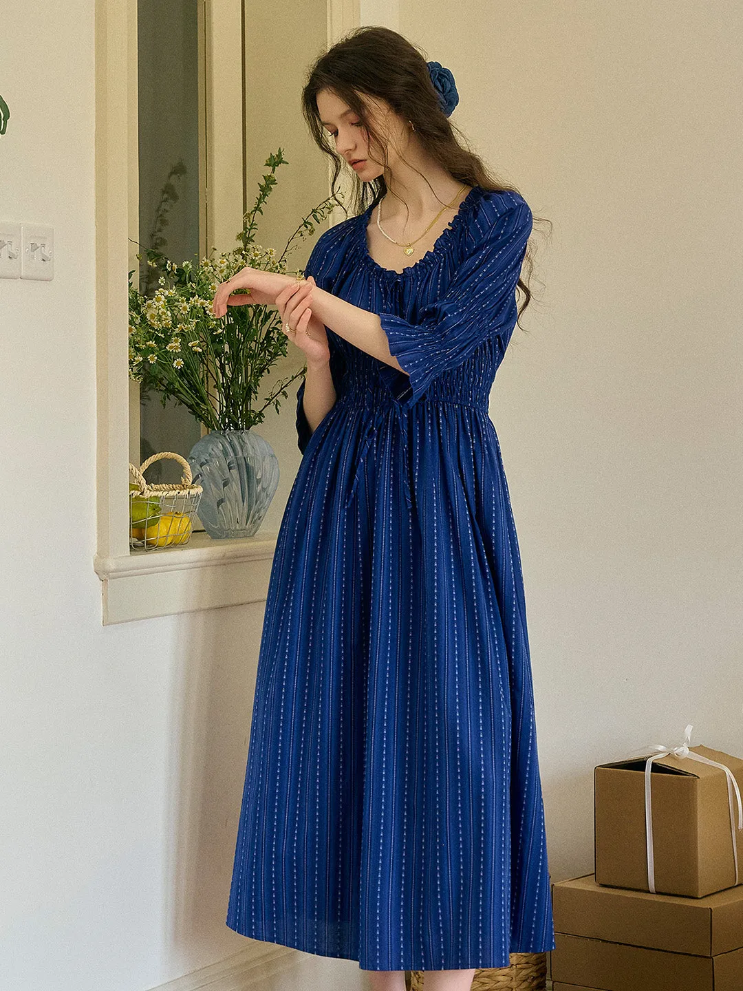 Aqua Round Neck Waist Cotton Dress
