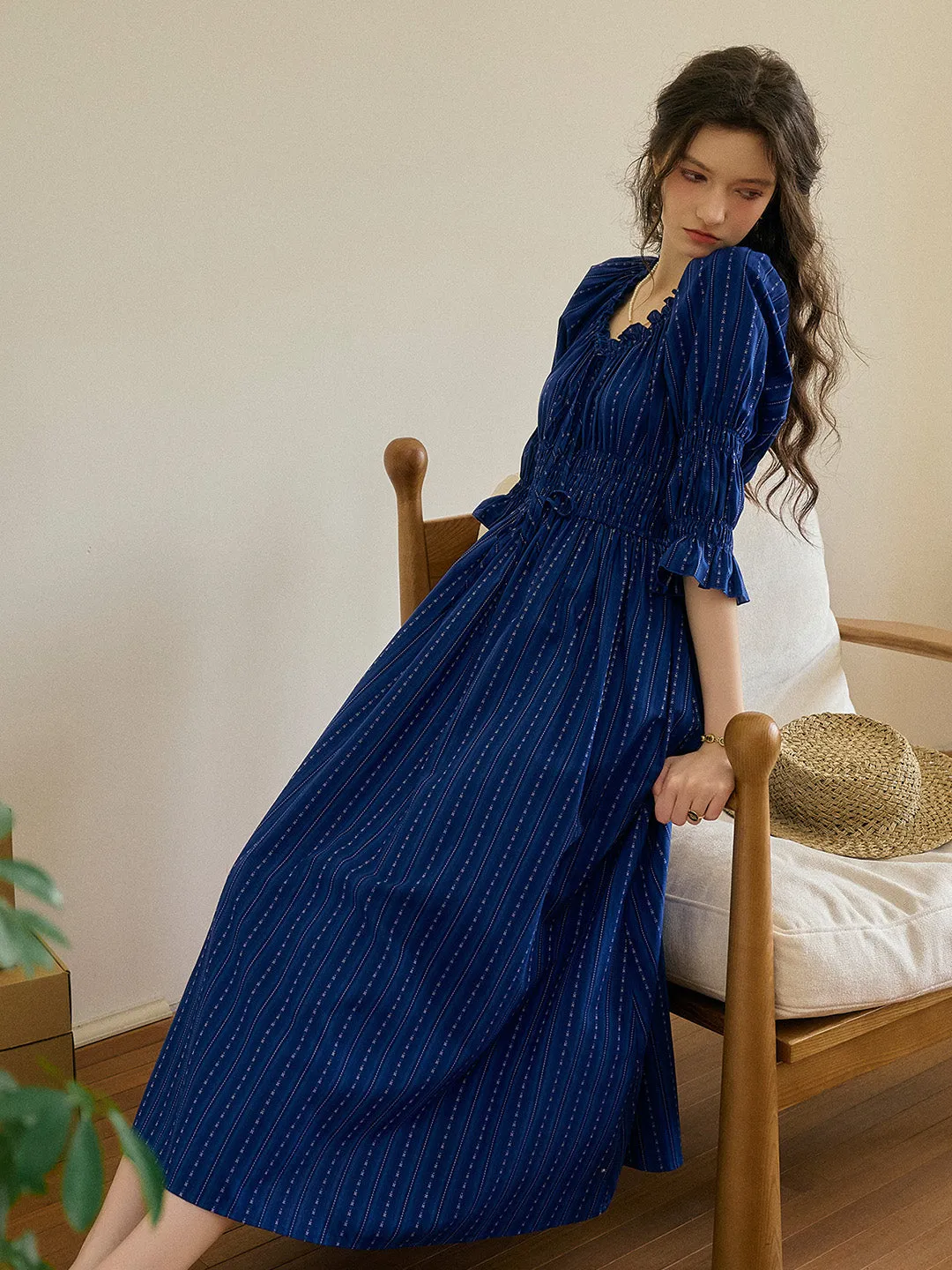 Aqua Round Neck Waist Cotton Dress