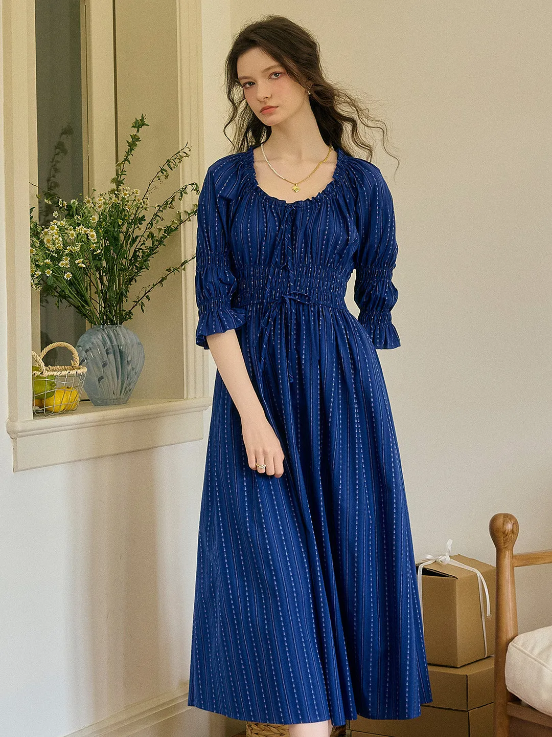 Aqua Round Neck Waist Cotton Dress