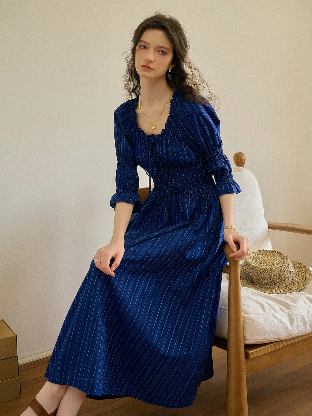 Aqua Round Neck Waist Cotton Dress