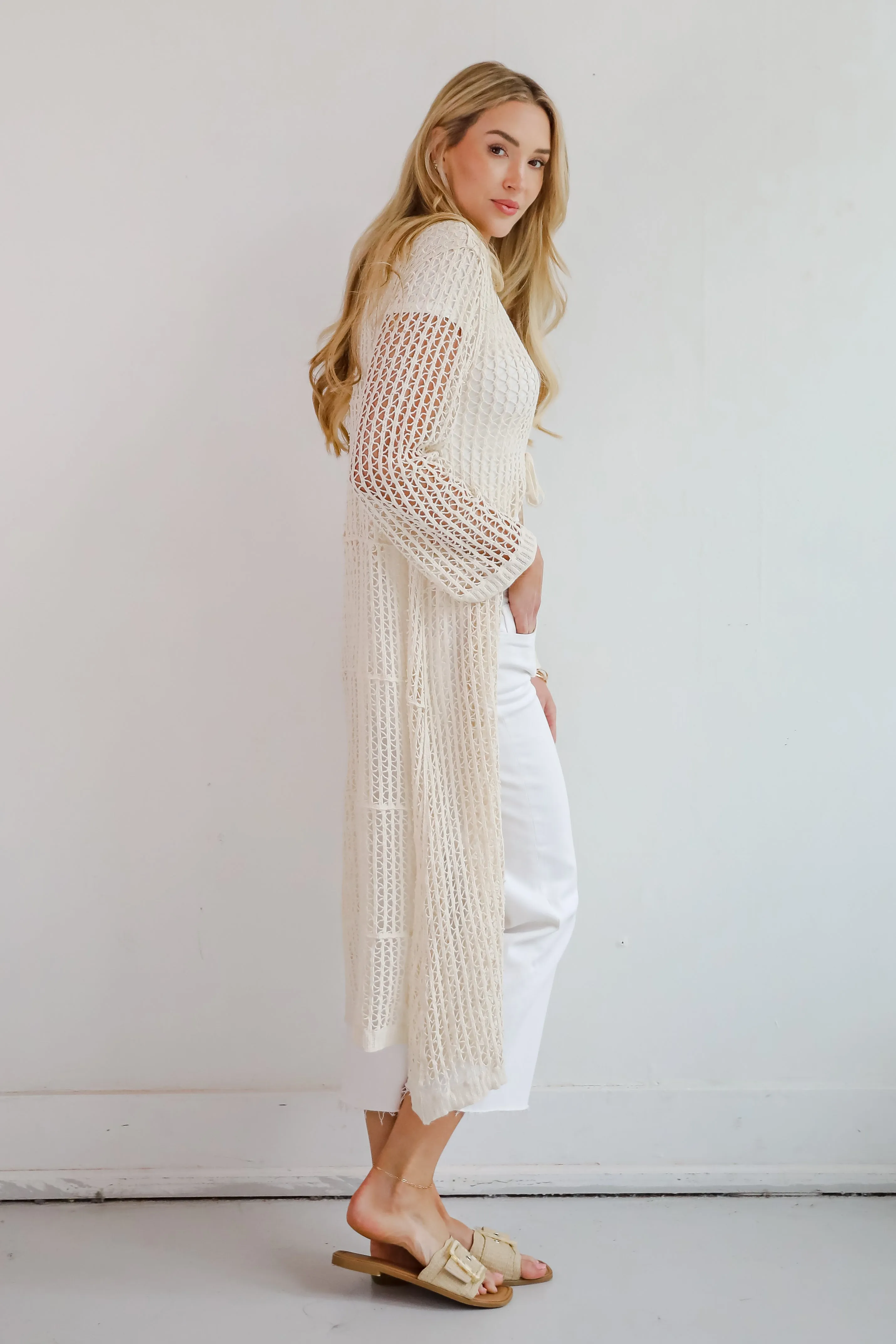 Beachy Tidings Cream Crochet Longline Kimono