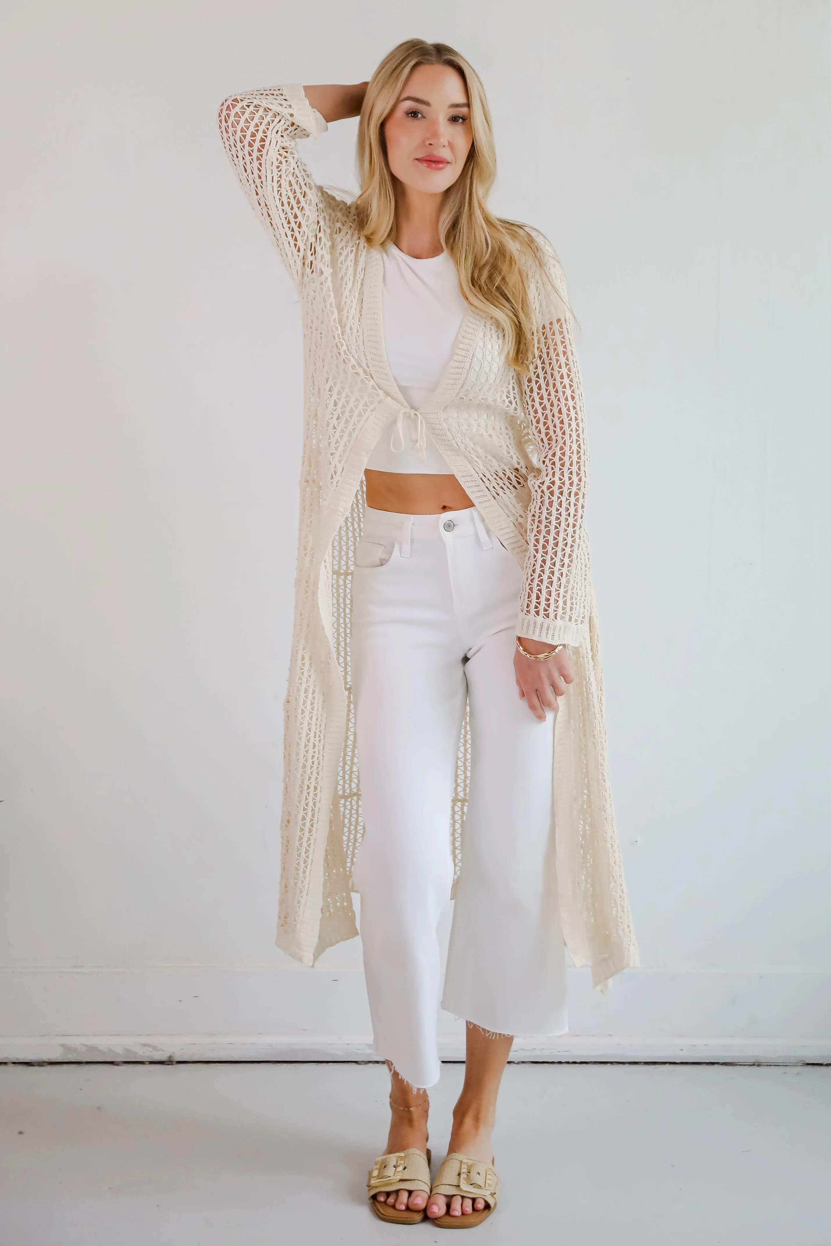 Beachy Tidings Cream Crochet Longline Kimono
