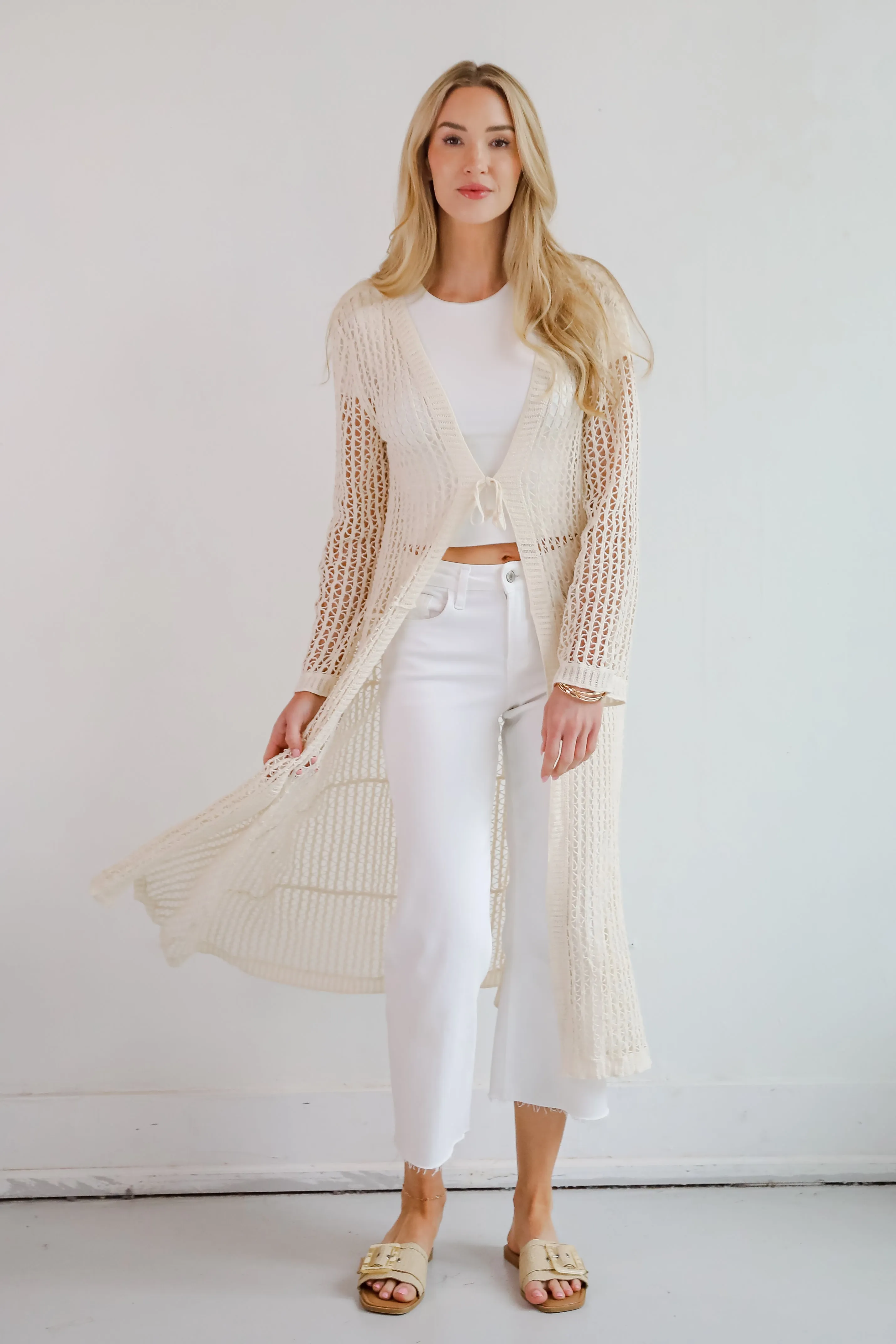 Beachy Tidings Cream Crochet Longline Kimono