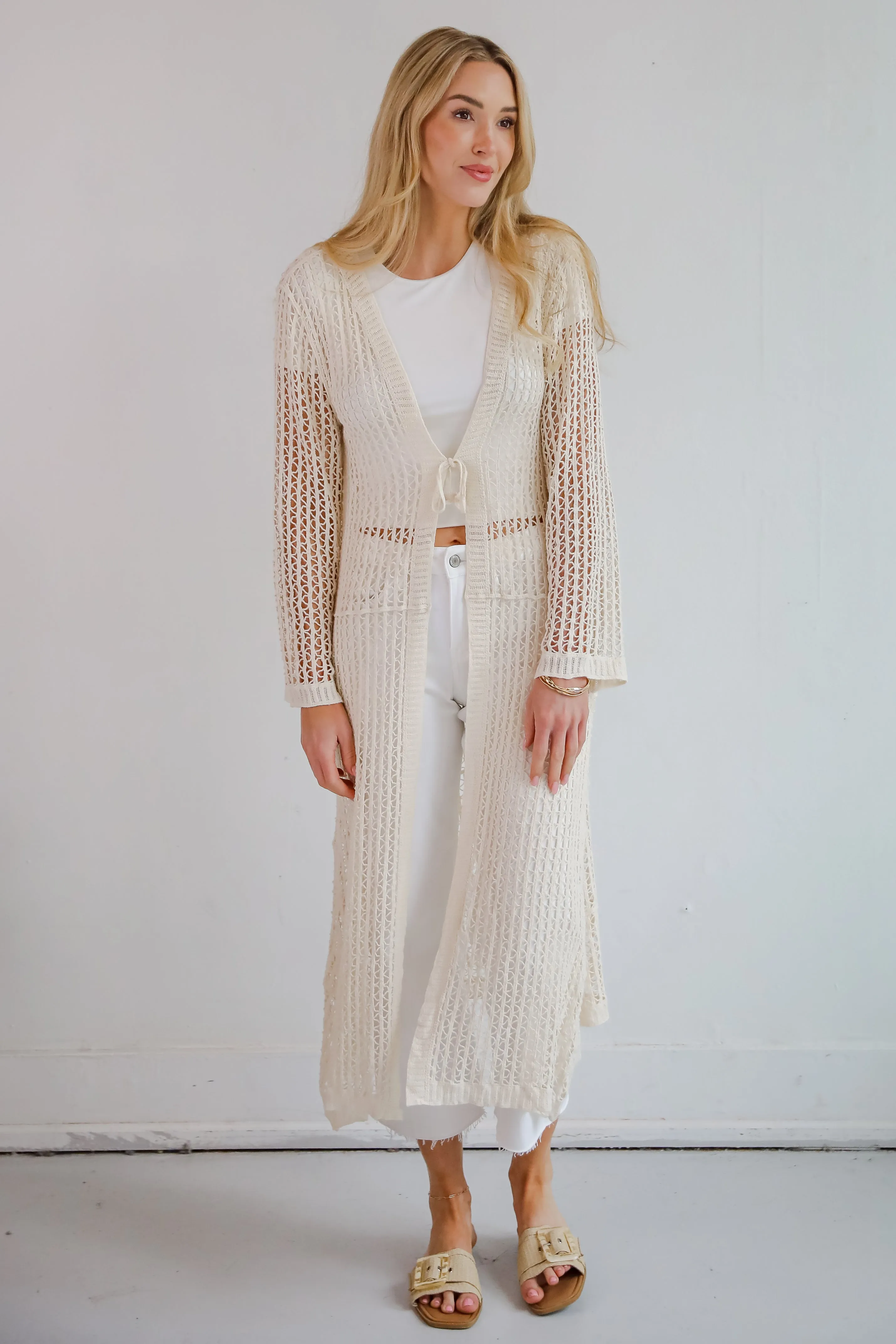 Beachy Tidings Cream Crochet Longline Kimono