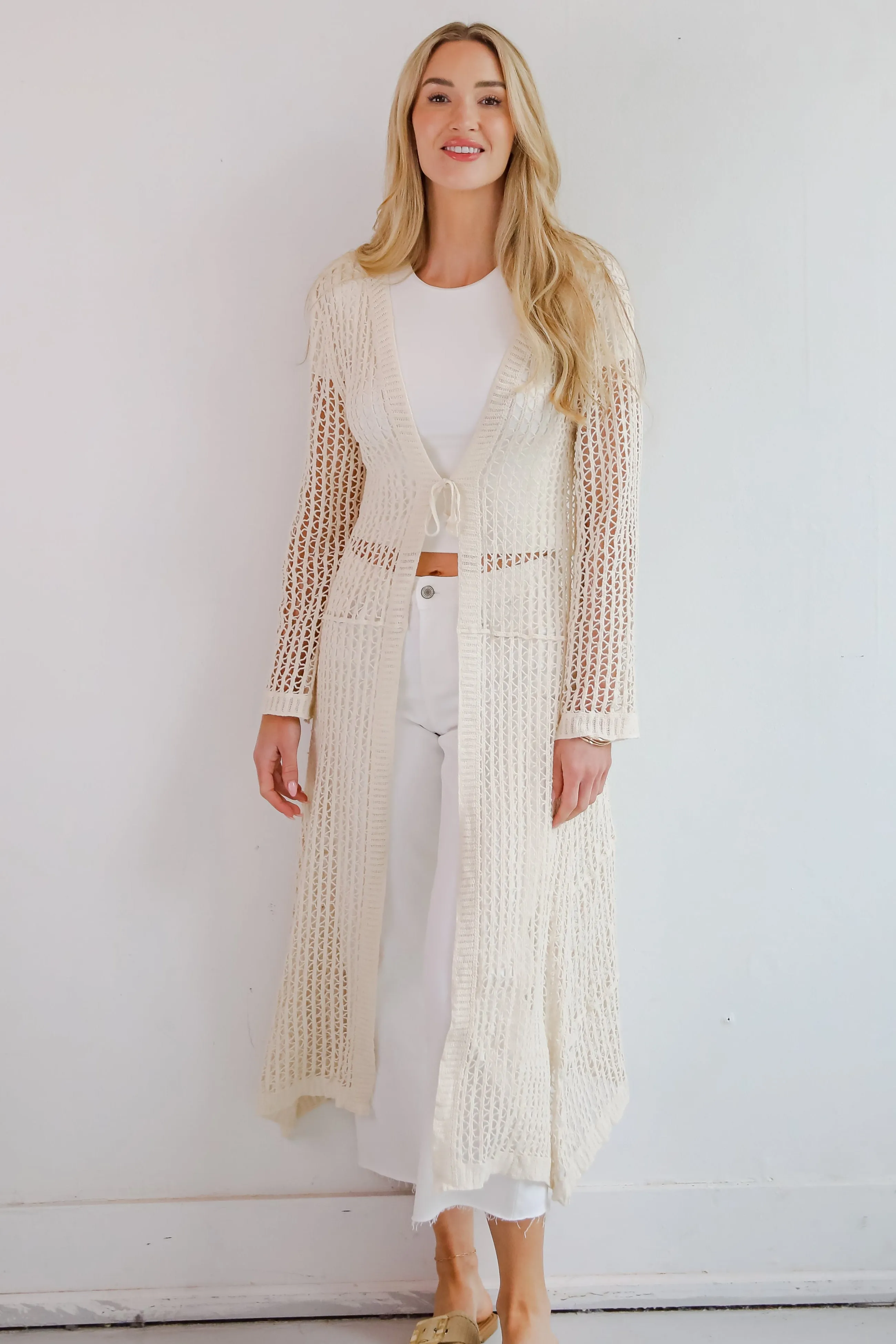 Beachy Tidings Cream Crochet Longline Kimono