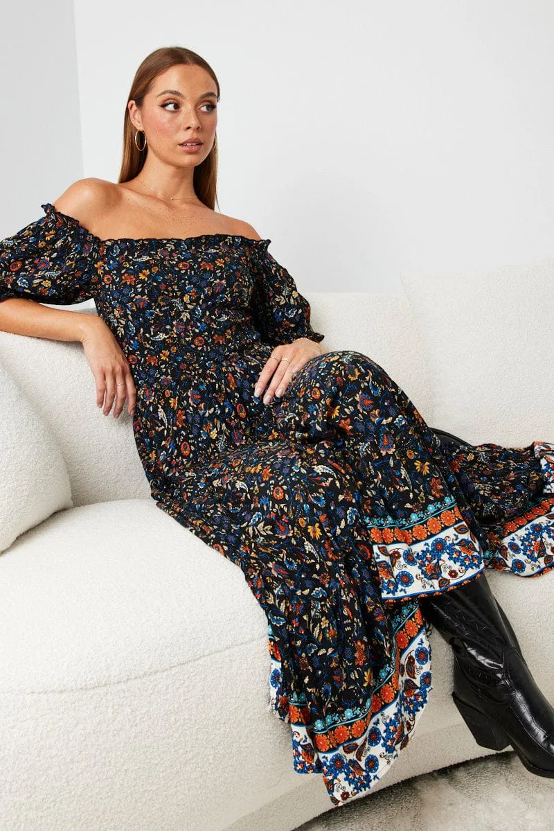 Black Boho Maxi Dress Short Sleeve Tiered