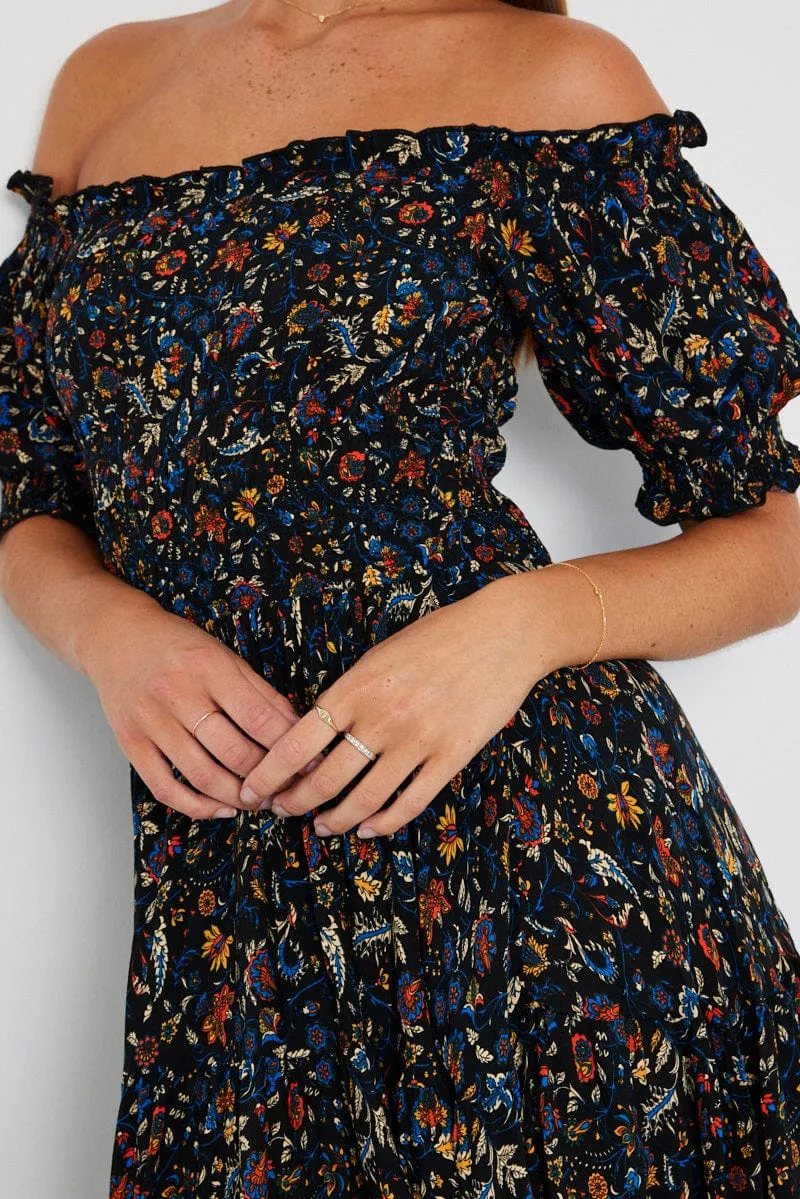 Black Boho Maxi Dress Short Sleeve Tiered