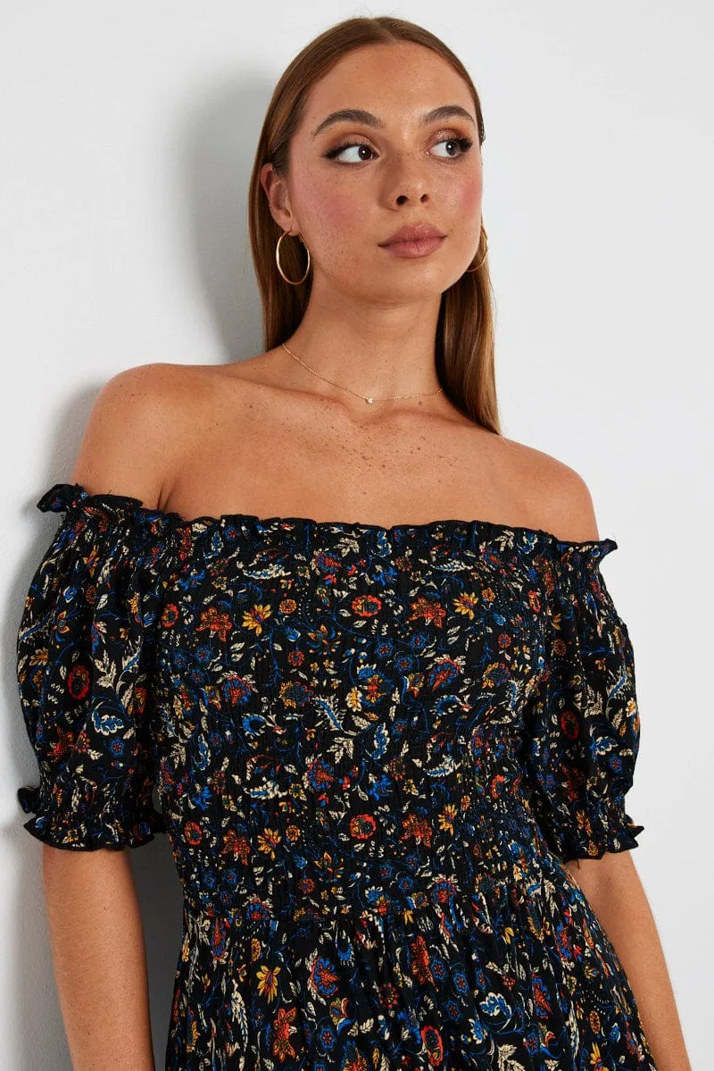 Black Boho Maxi Dress Short Sleeve Tiered
