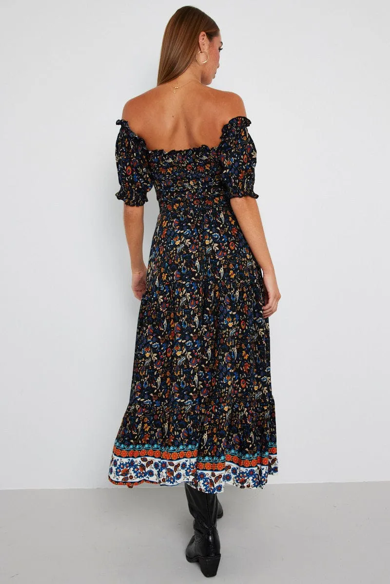 Black Boho Maxi Dress Short Sleeve Tiered