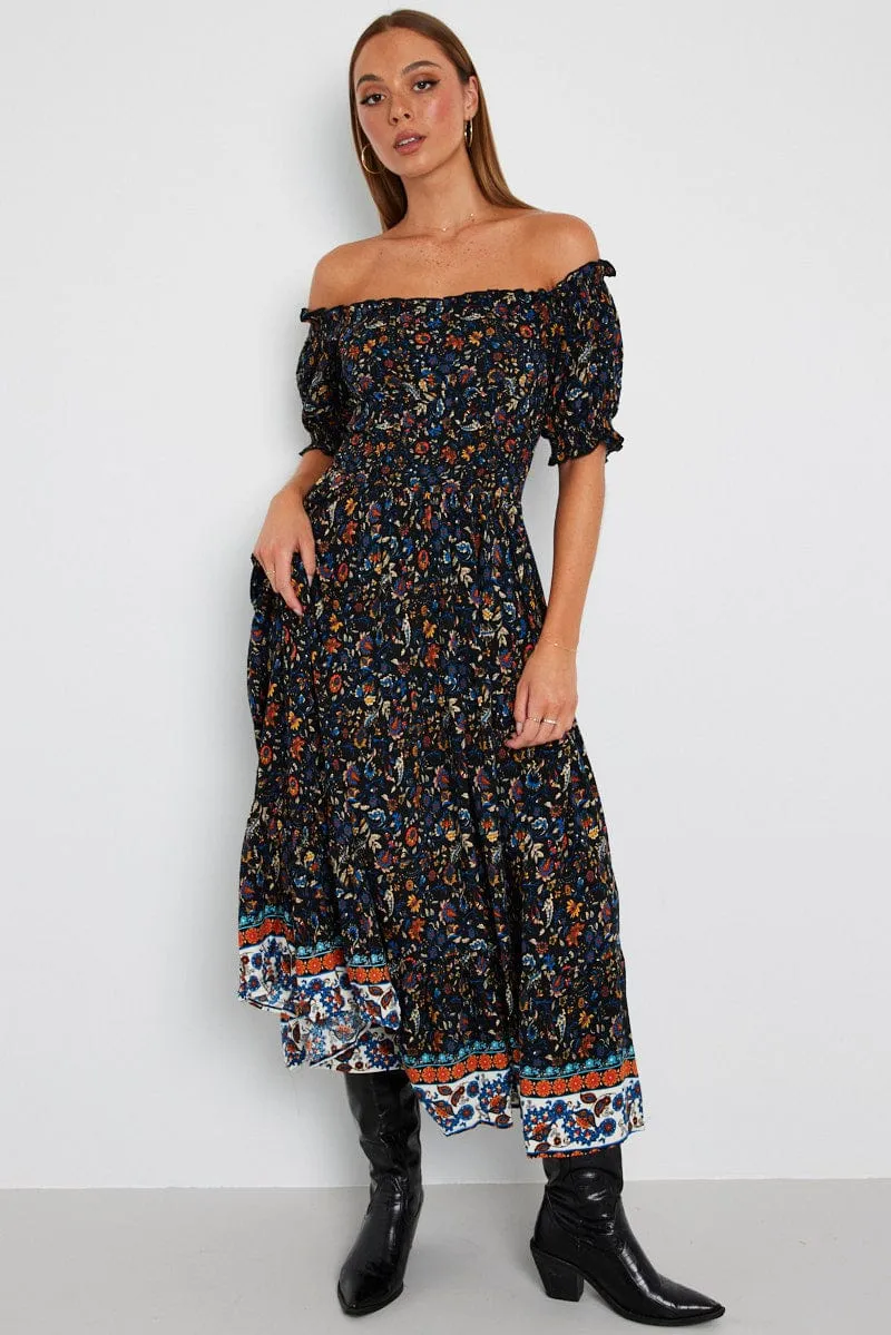 Black Boho Maxi Dress Short Sleeve Tiered