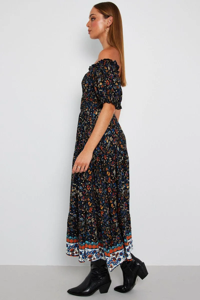 Black Boho Maxi Dress Short Sleeve Tiered