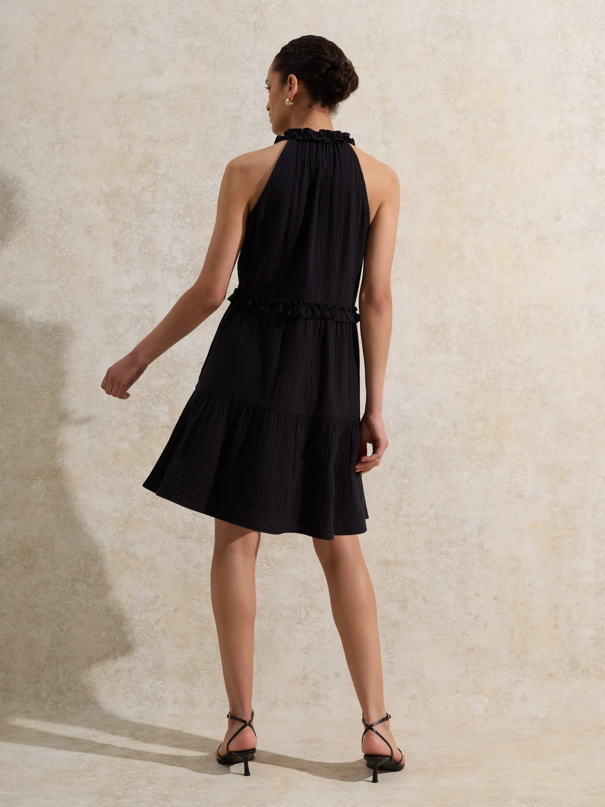 Black Frill-Detail Halterneck Cheesecloth Mini Dress