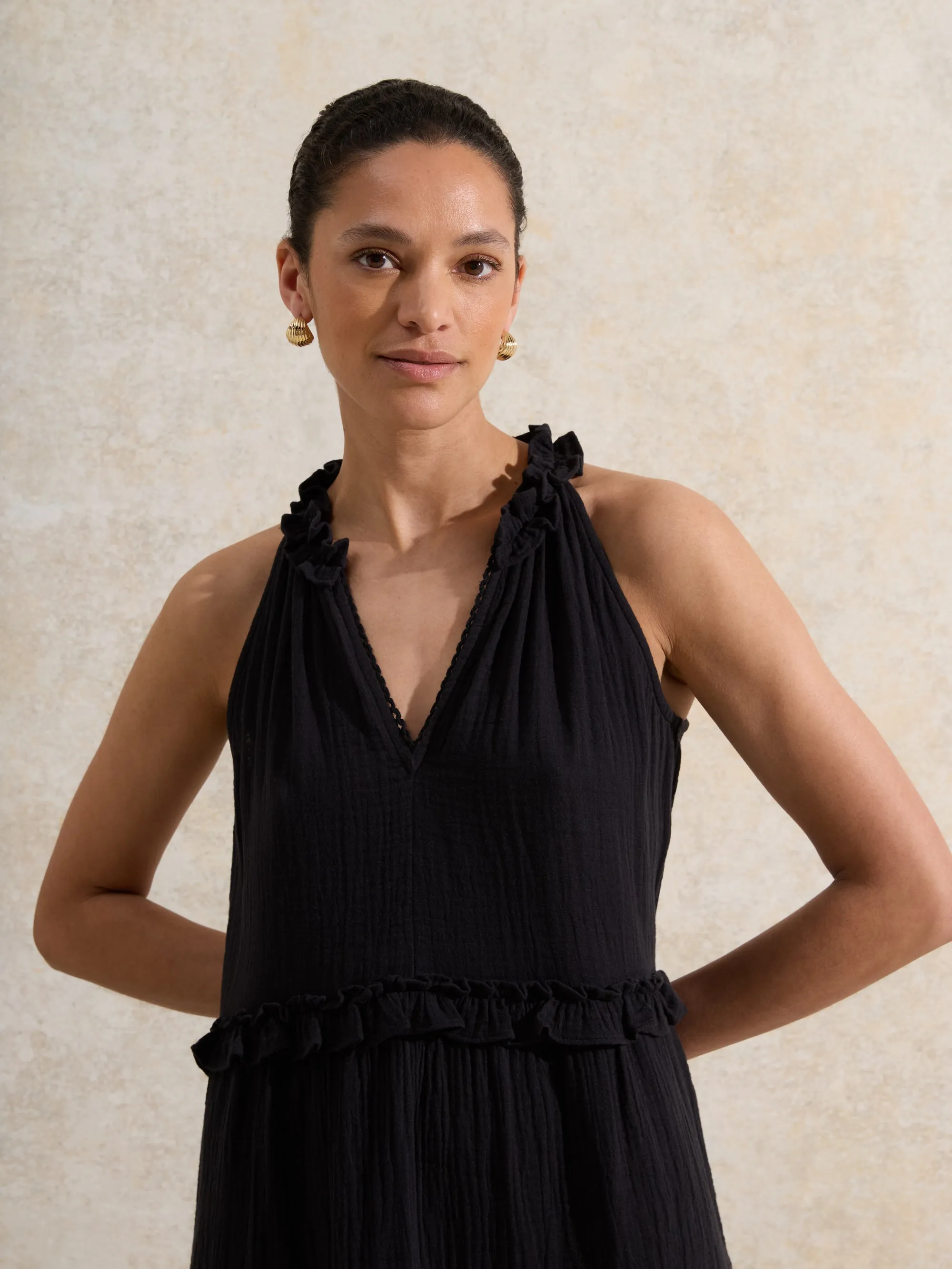 Black Frill-Detail Halterneck Cheesecloth Mini Dress