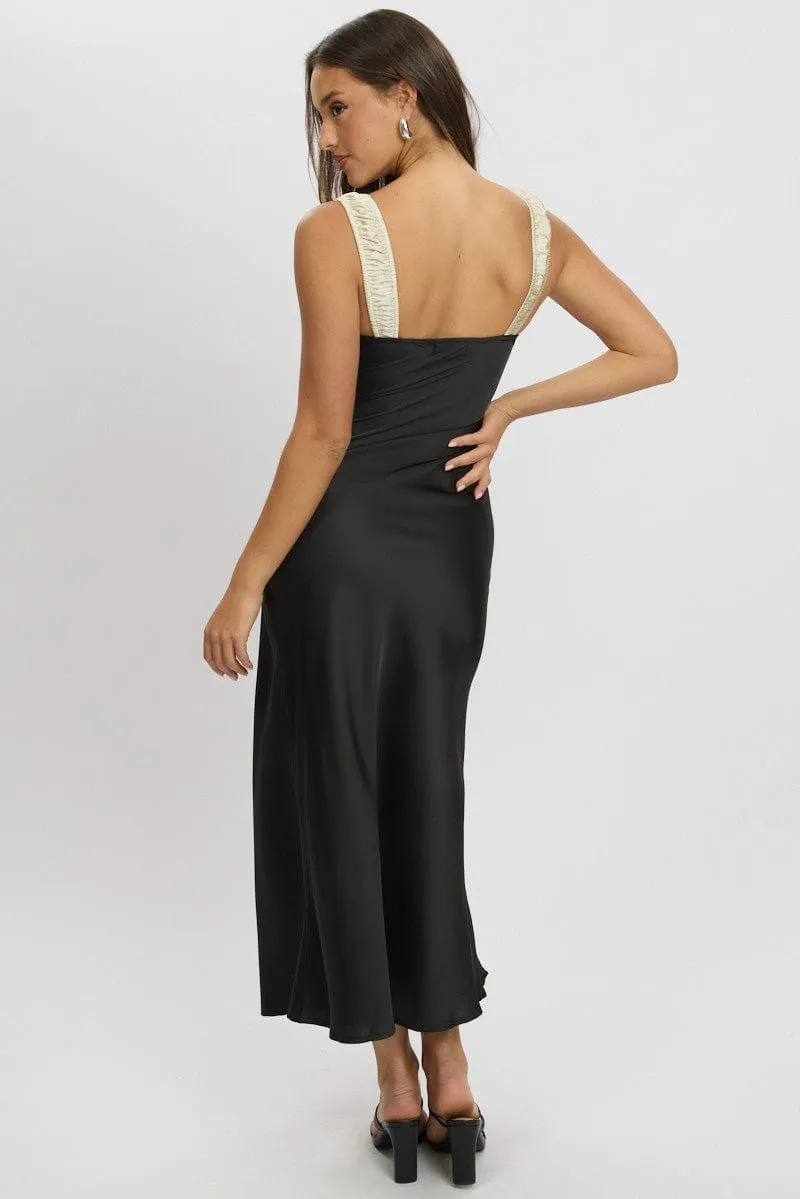 Black Midi Dress Elasticated Shoulder Strap Satin