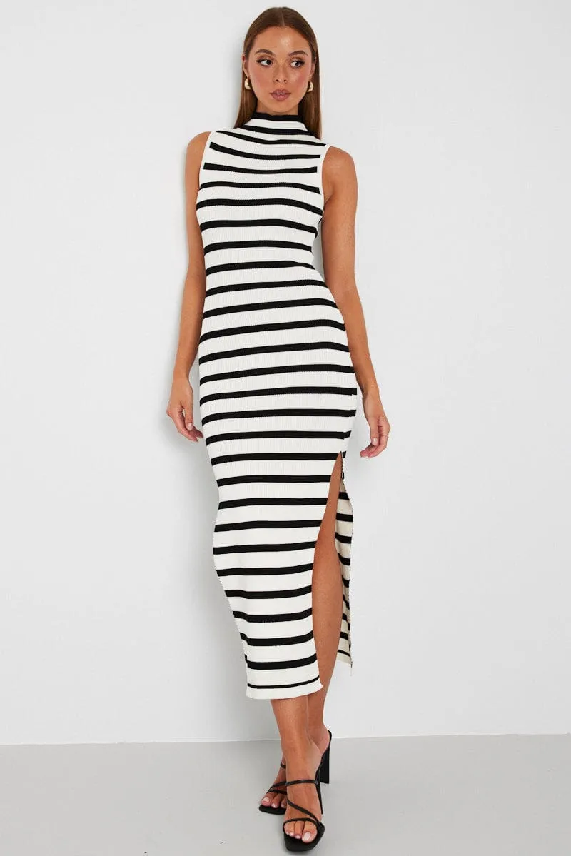 Black Stripe Knit Dress Sleeveless Midi