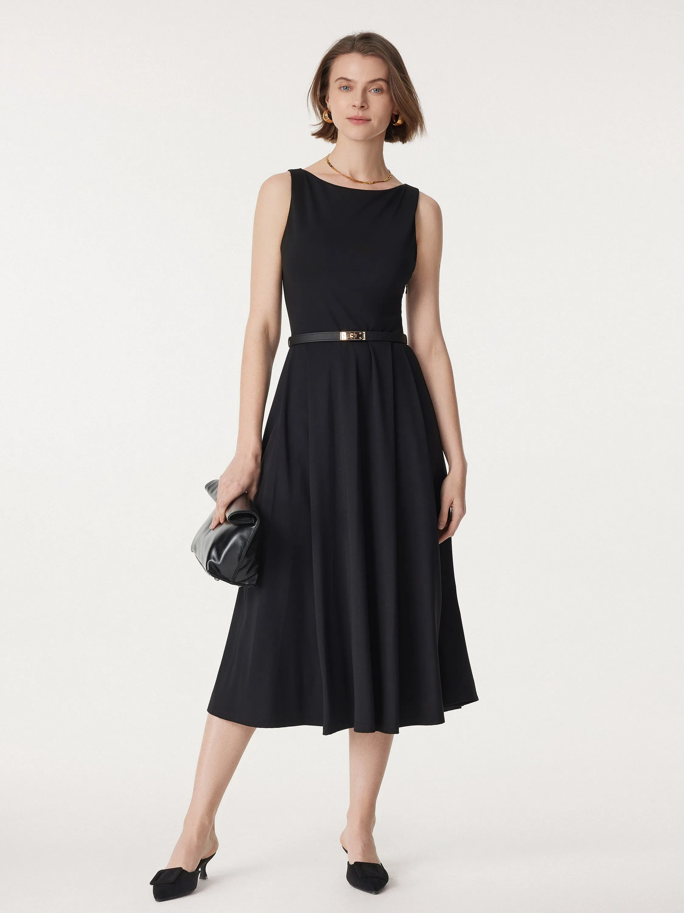 Boatneck Bamboo Ponte Brami Midi Dress with Pockets