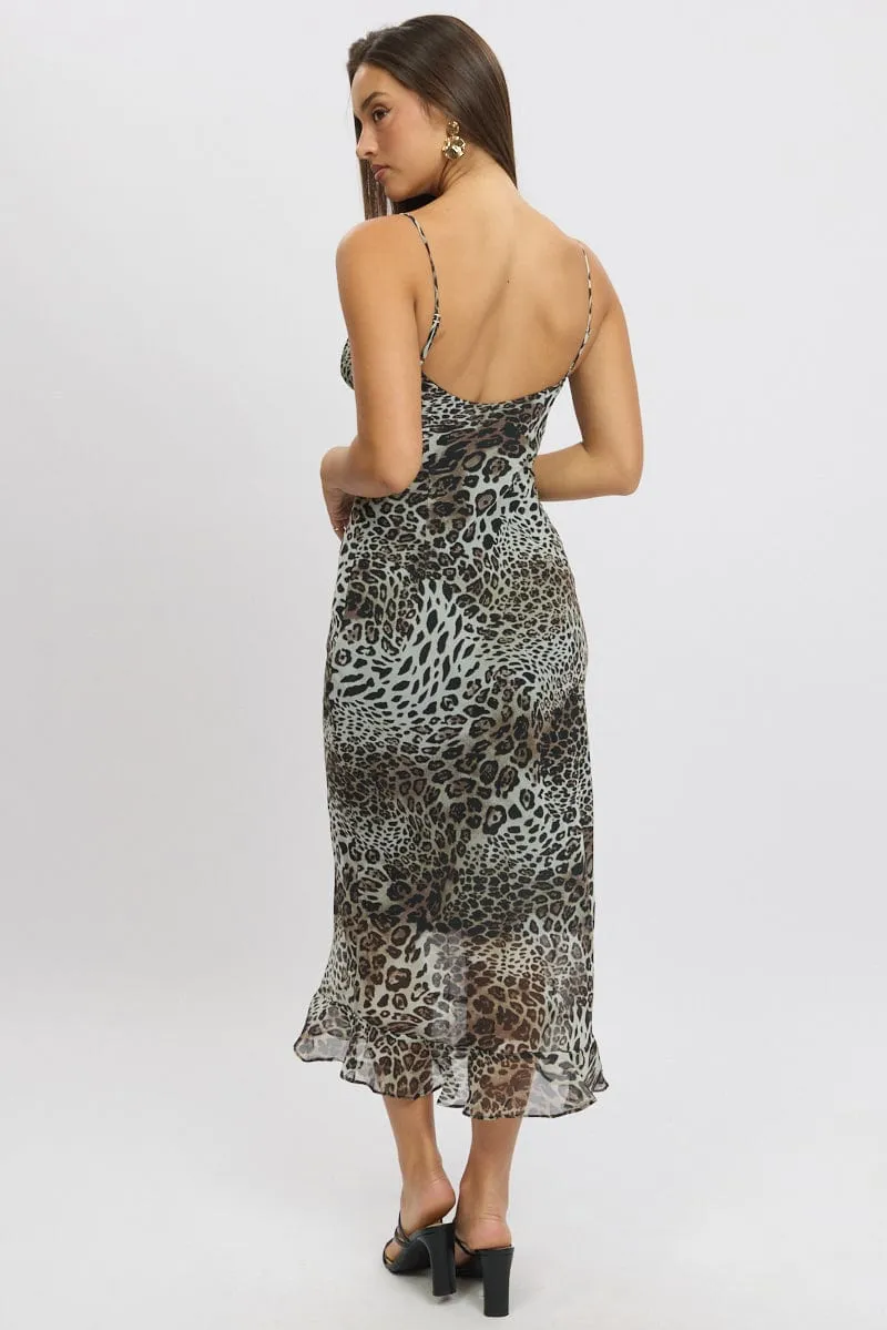 Brown Animal Print Midi Dress Bias Chiffon