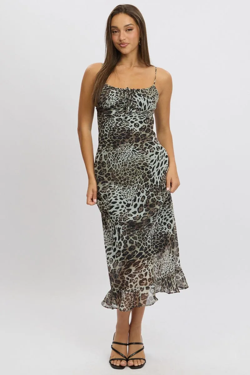 Brown Animal Print Midi Dress Bias Chiffon