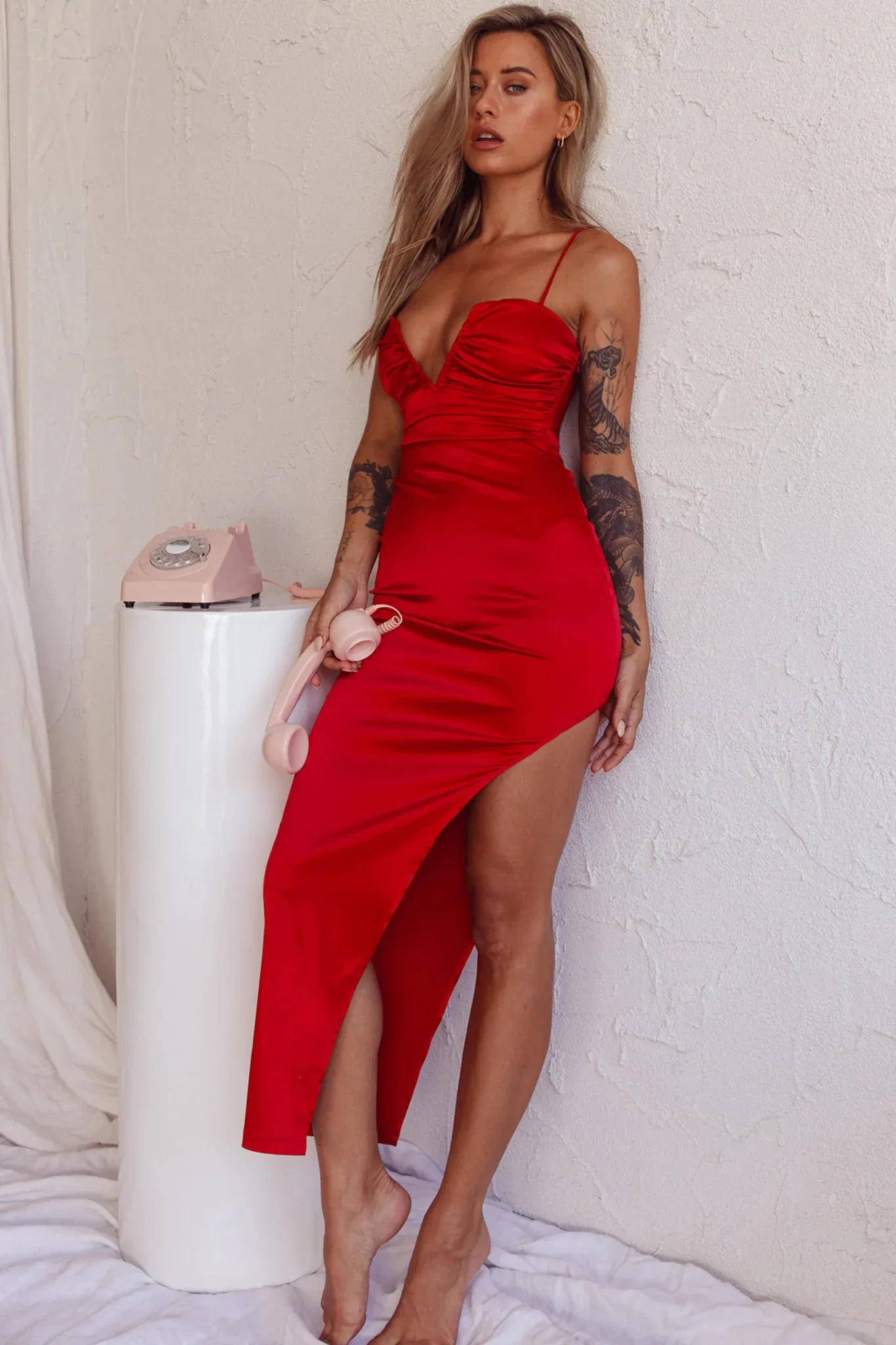Dancing In September Thigh Split Dress Red