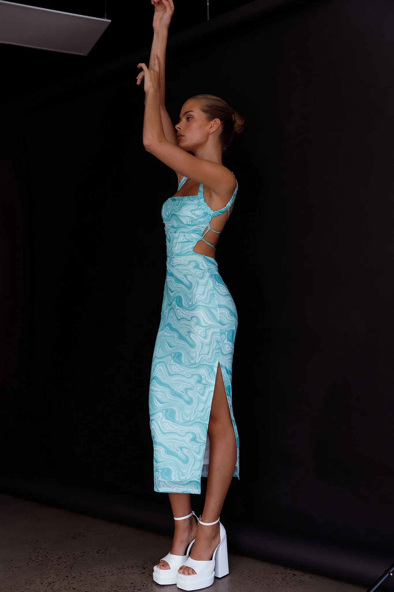 Dream Crush Lace-Up Back Side Split Midi Dress Marbled Green