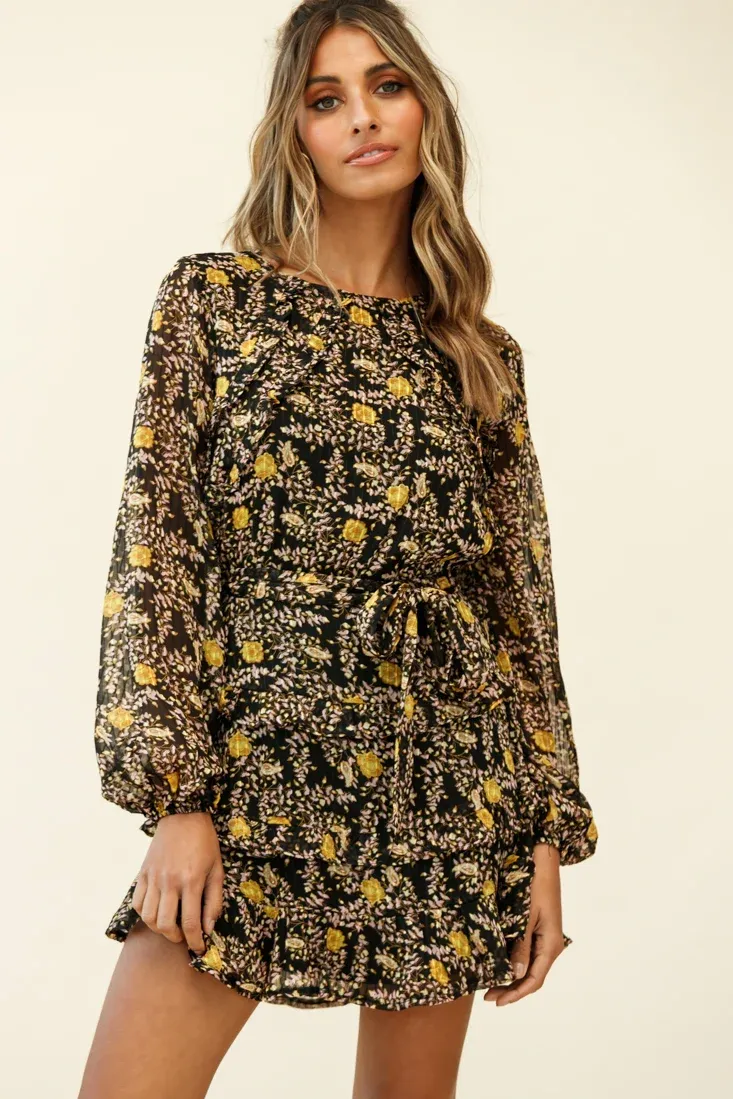 Dusk Long Sleeve Waist Tie Frill Dress Floral Print Black