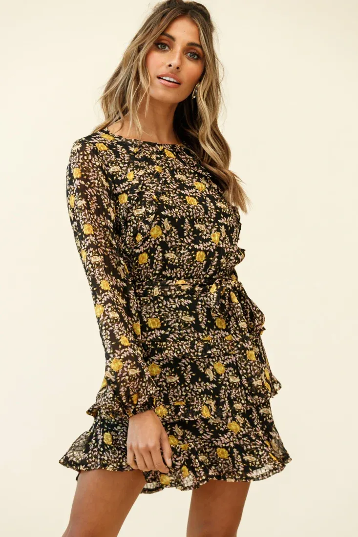 Dusk Long Sleeve Waist Tie Frill Dress Floral Print Black