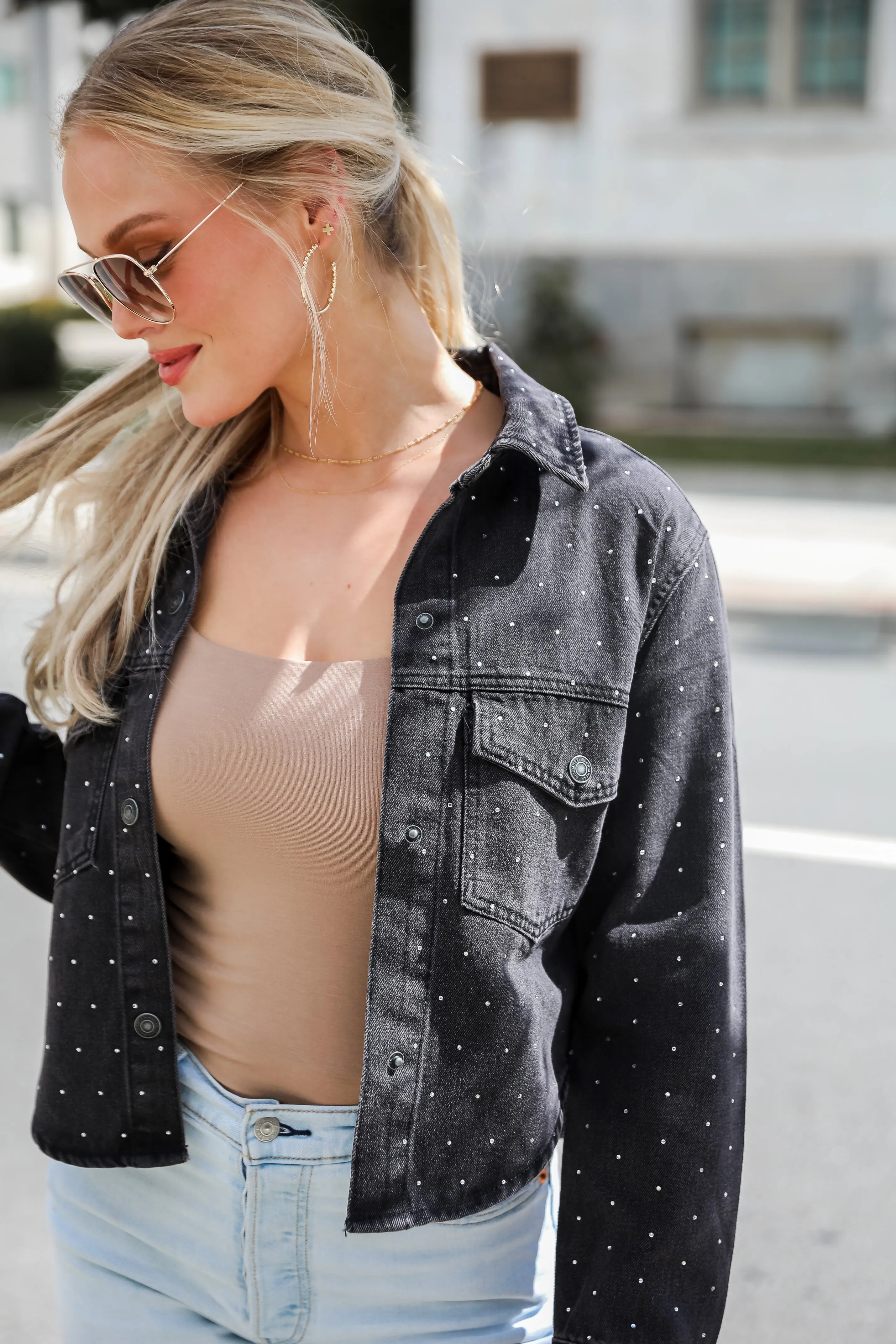 FINAL SALE - Dazzling Stunner Black Rhinestone Cropped Denim Jacket