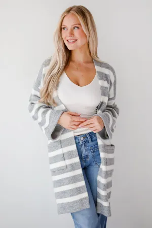 FINAL SALE - Notably Comfy Heather Grey Striped Longline Sweater Cardigan