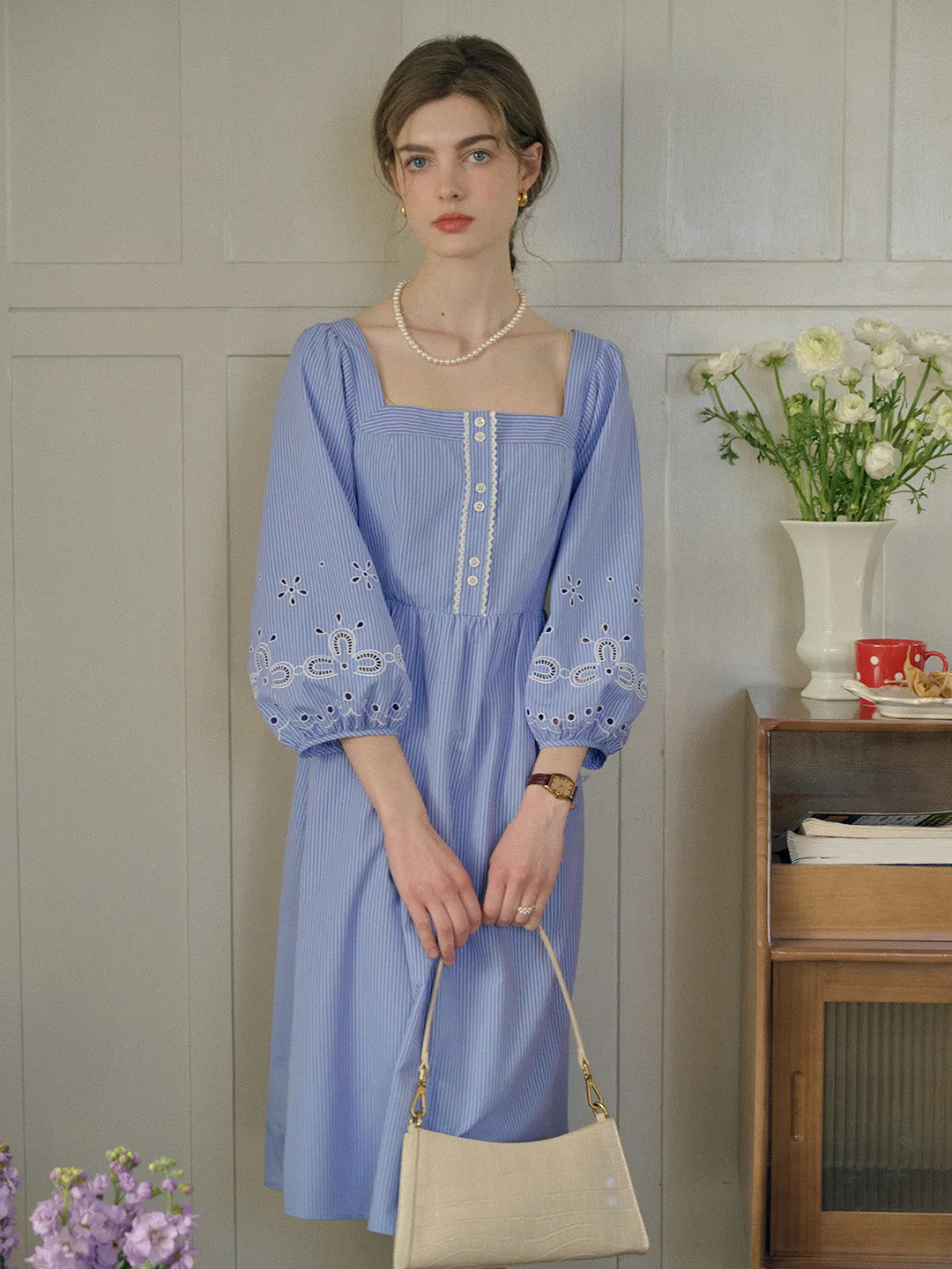 【Final Sale】Indigo Square Neck Stripe Dress