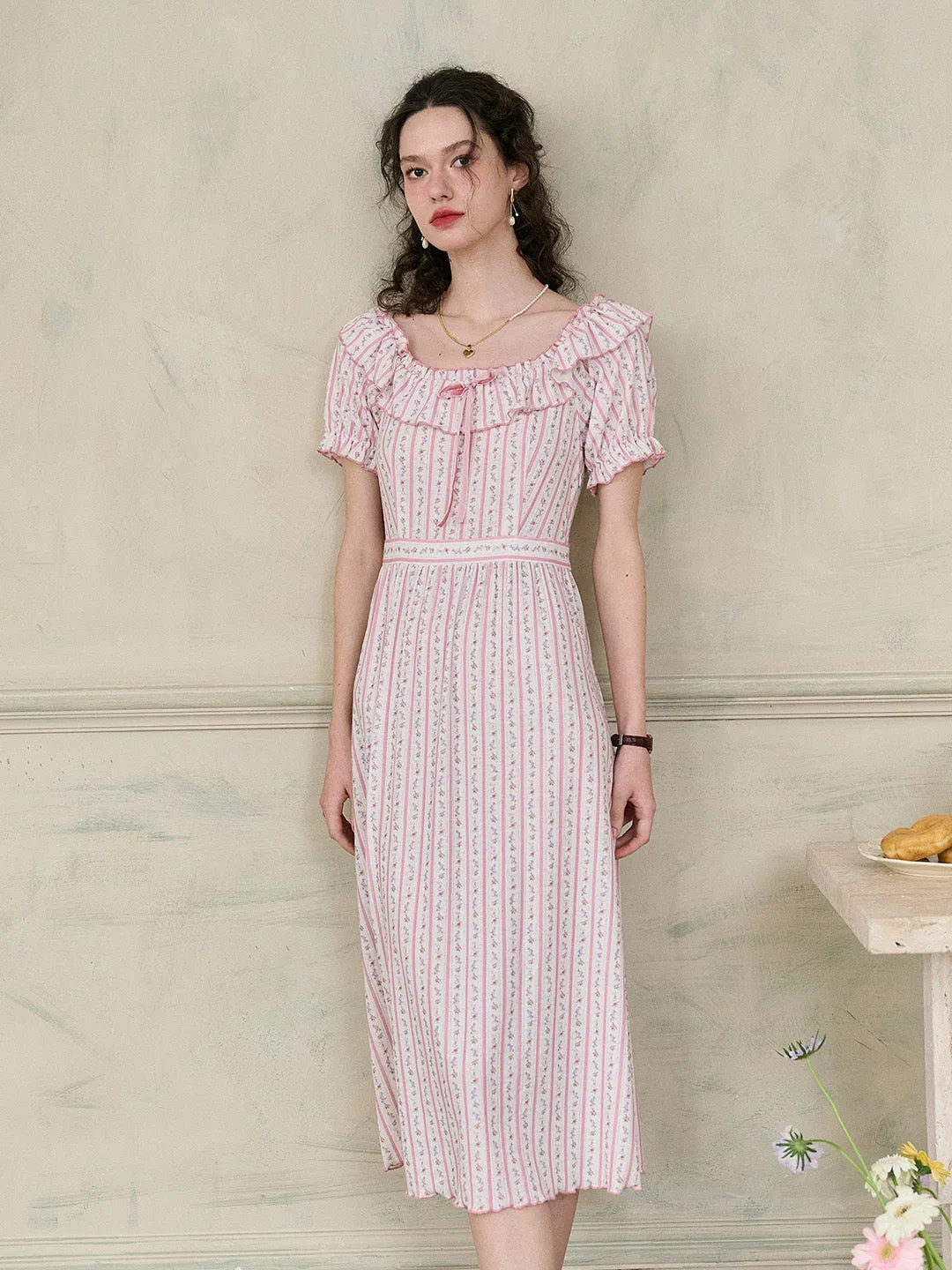 【Final Sale】Judith Square Collar Trimmed Floral Bow Stripe Dress
