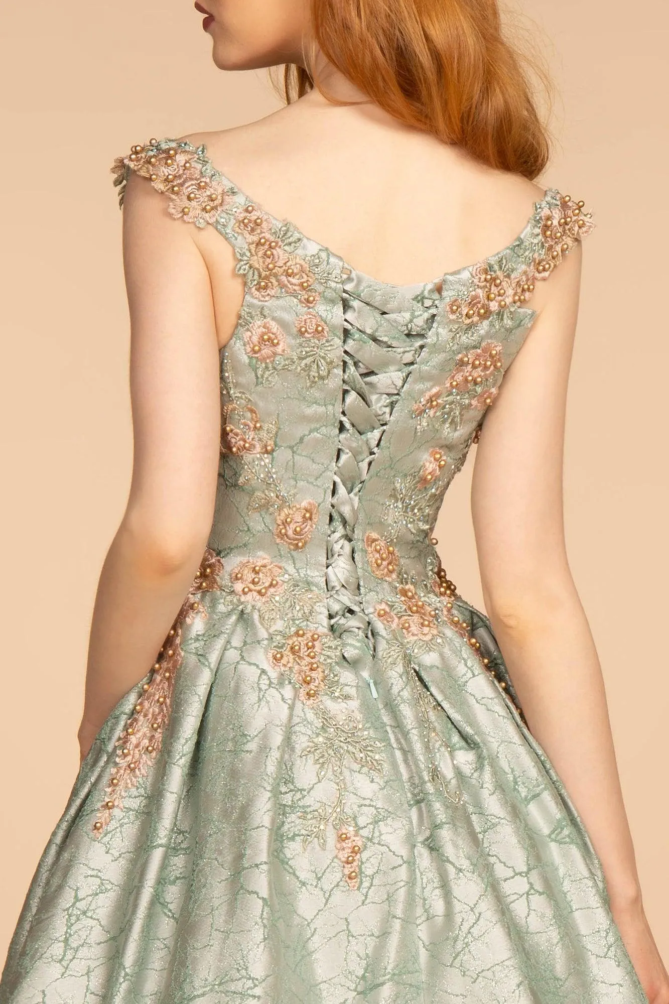 Floral Jewel Embellished Long Prom Dress
