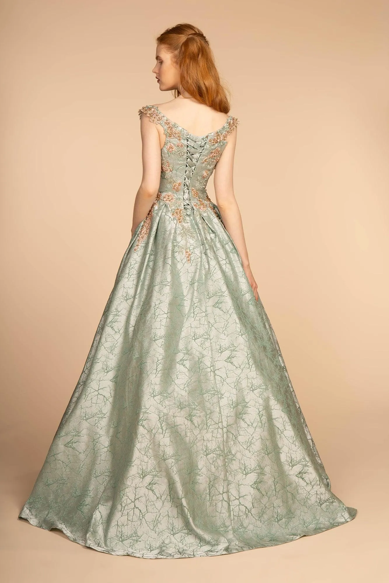 Floral Jewel Embellished Long Prom Dress