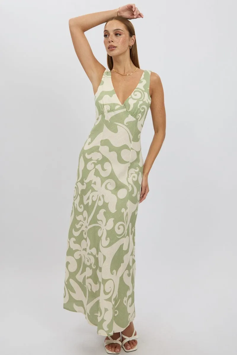 Green Abstract Midi Dress V Neck Sleeveless