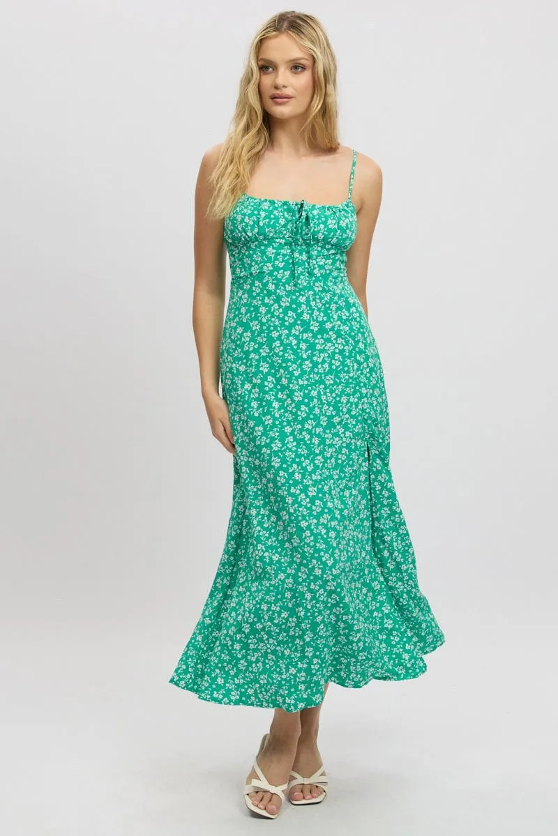 Green Ditsy Midi Dress Gathered Bust