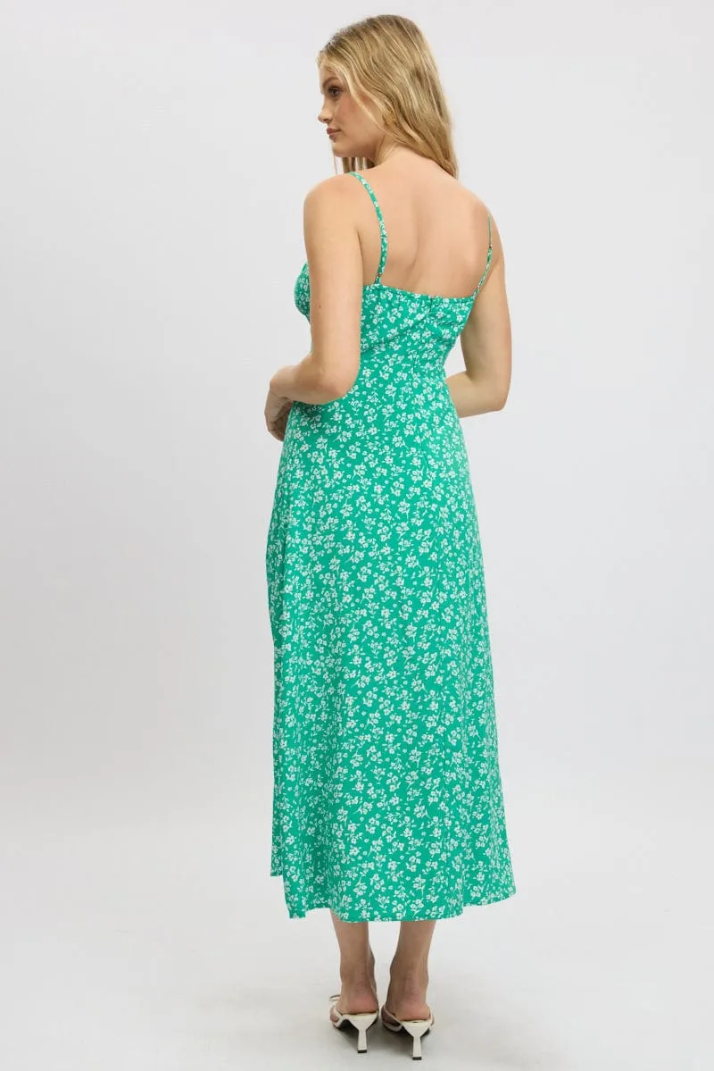 Green Ditsy Midi Dress Gathered Bust