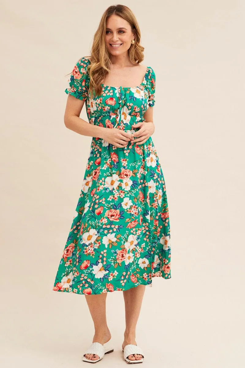 Green Floral Short Puff Sleeve Midi Slit Dress