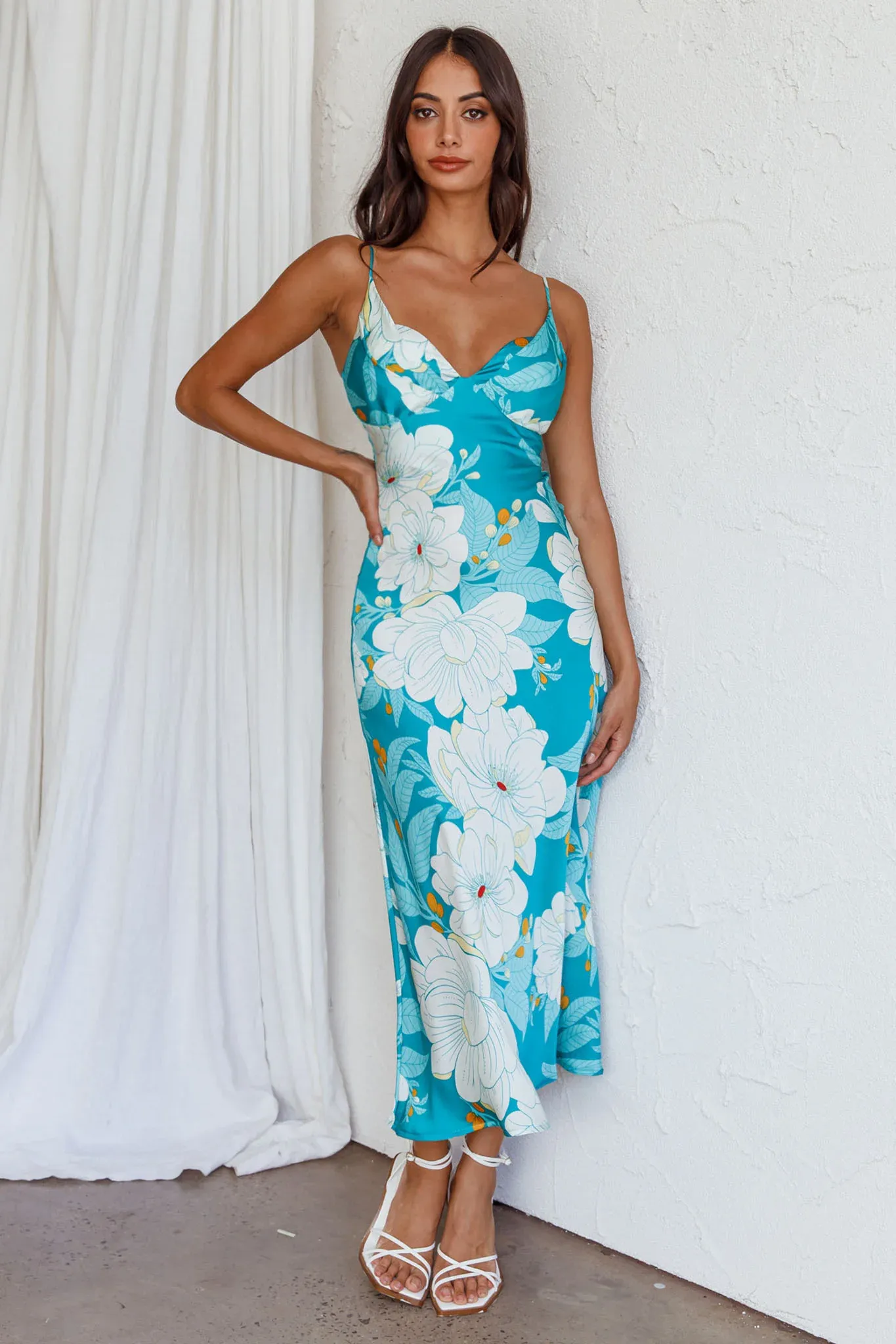 Infinity Pintuck Bust Midi Dress Flower Teal