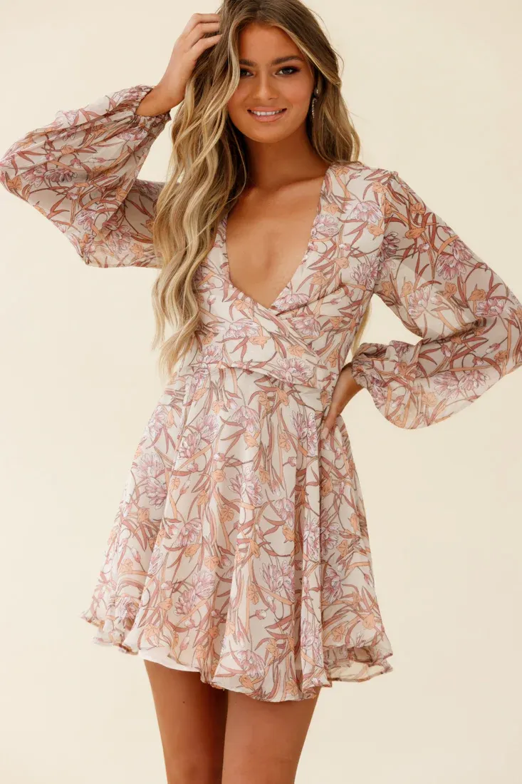 Jessinta Long Sleeve Pintuck Waist Dress Floral Print Nude